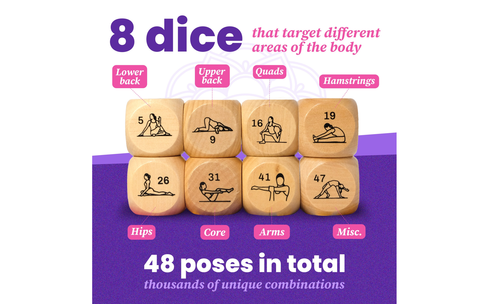 Yoga Dice in Wooden Gift Box with Practice Guide, 8 Workout Exercise Dice,  Tons of Possible Combinations, Yoga Accessories Gifts for Beginners Women,  Mindfulness Meditation Gifts, Fitness Dice : : Toys 